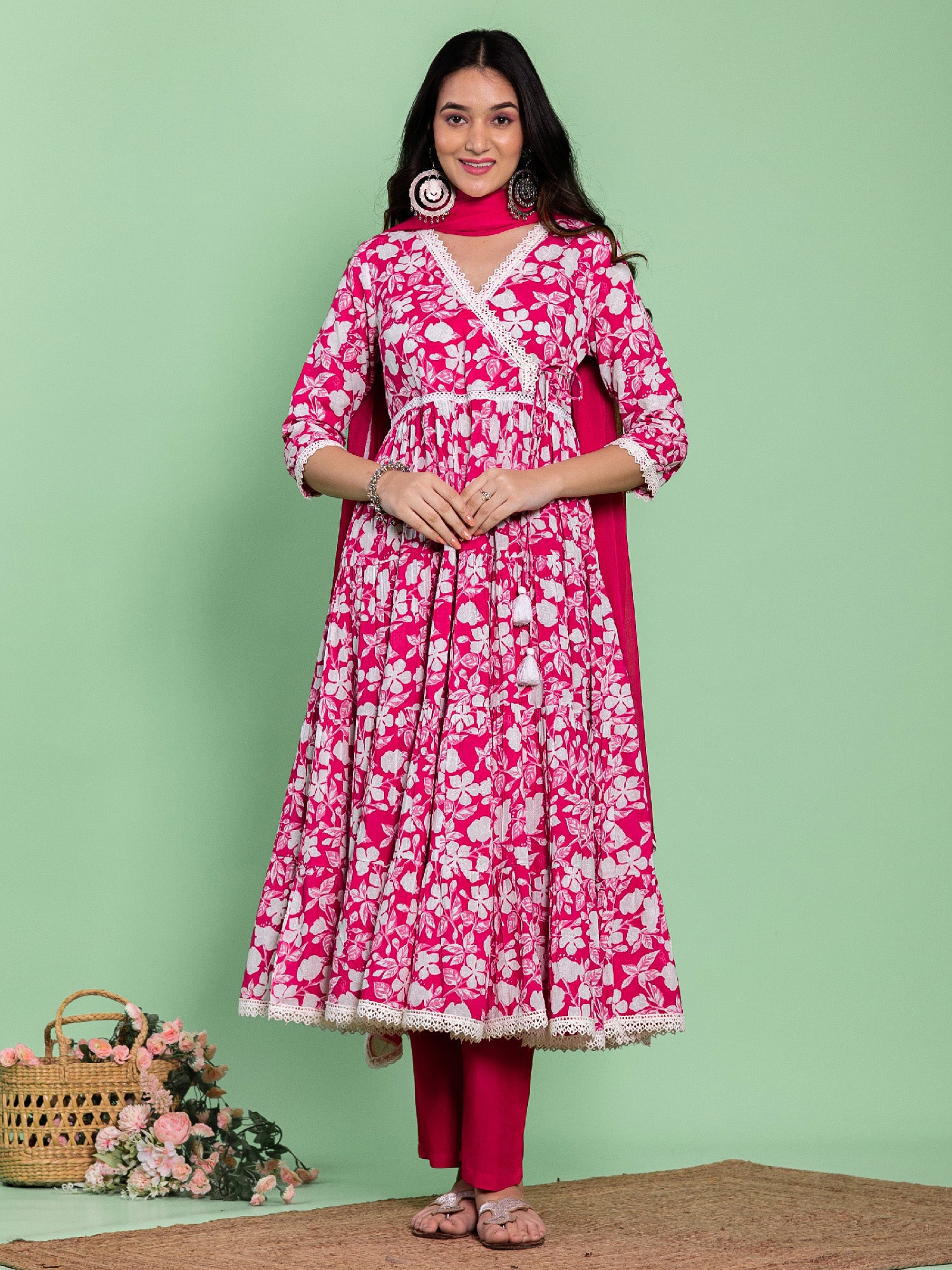 Pink Cotton Flared Floral Printed Angrakha Kurta Set